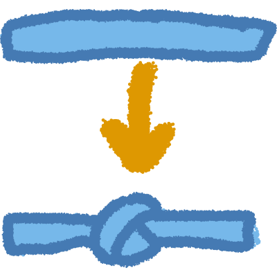 a blue line at the top with a darker blue outline, a yellow around under the blue line pointing down to another blue line that has a knot in it